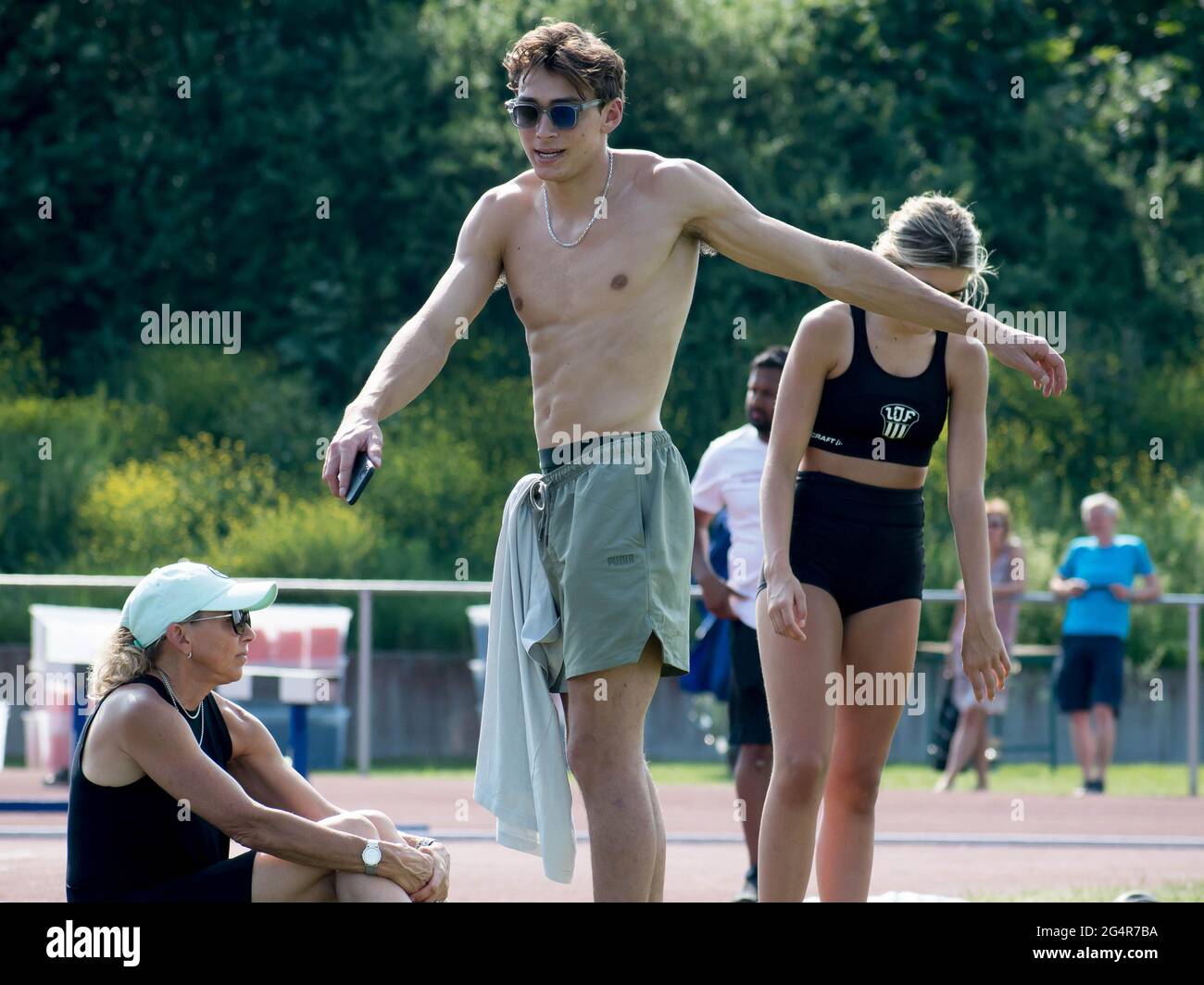 Swedish pole vaulter Armand Duplantis together with his mother Helena Duplantis supports sister