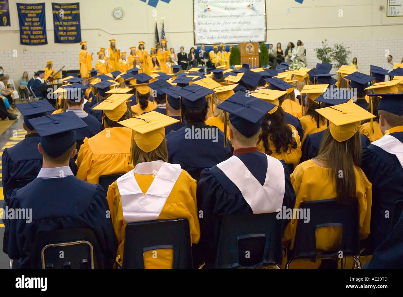 Cap and gown Commencement high school graduation ceremonies at Port