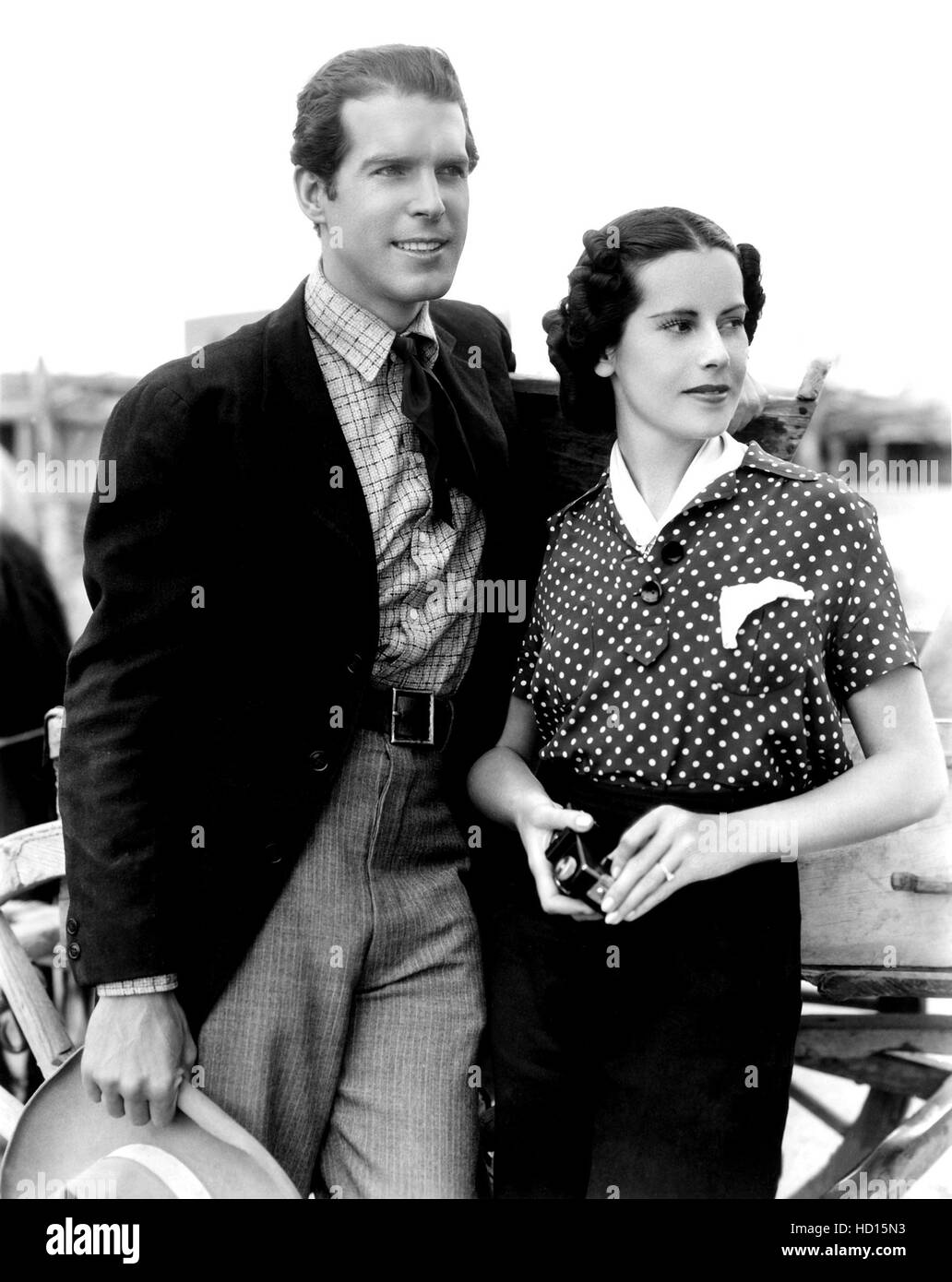 FRED MacMURRAY with fiance LILLIAN LAMONT during the filming of THE TEXAS RANGERS, 1936 Stock