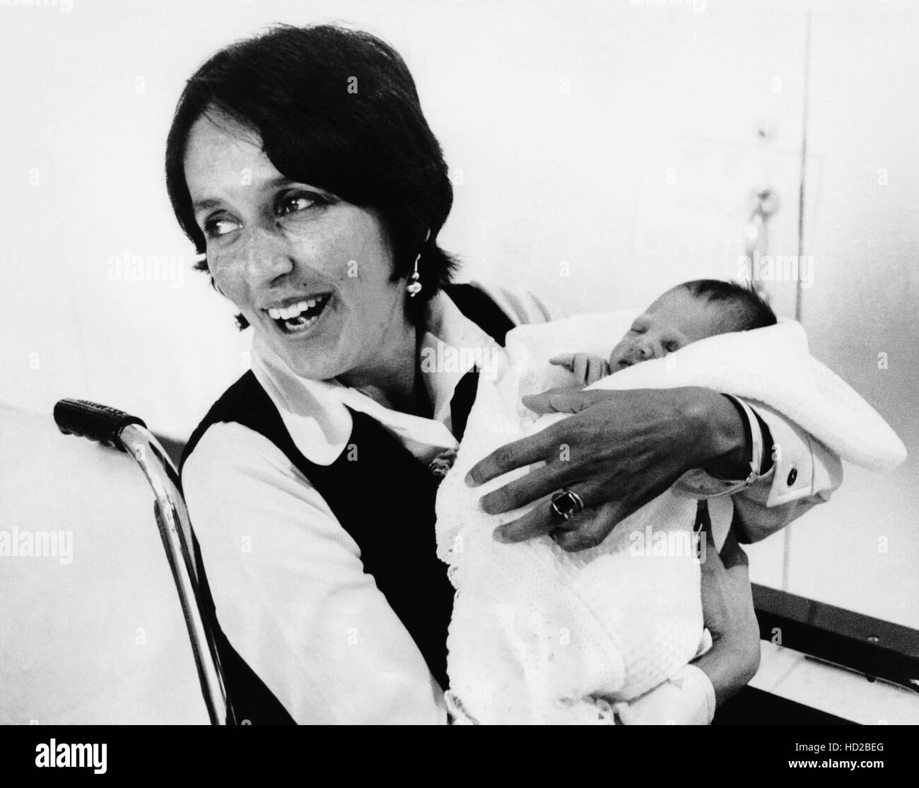 Joan Baez and her newborn son, Gabriel Harris, Stanford Medical Center