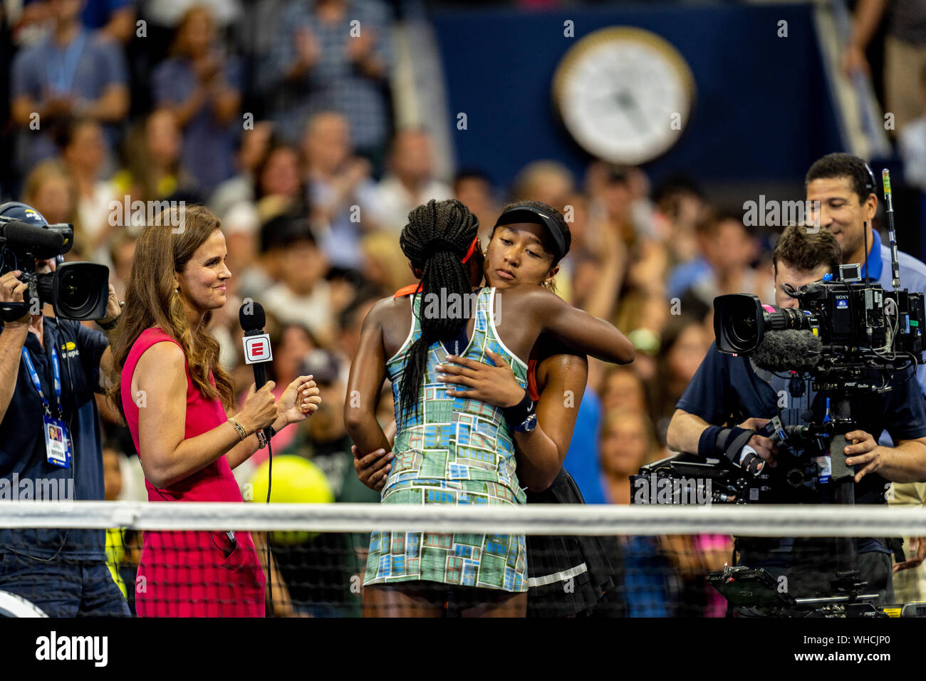 ESPN 's Mary Jo Fernandez interviews Coco Gauff of the United States and Naomi Osaka of Japan