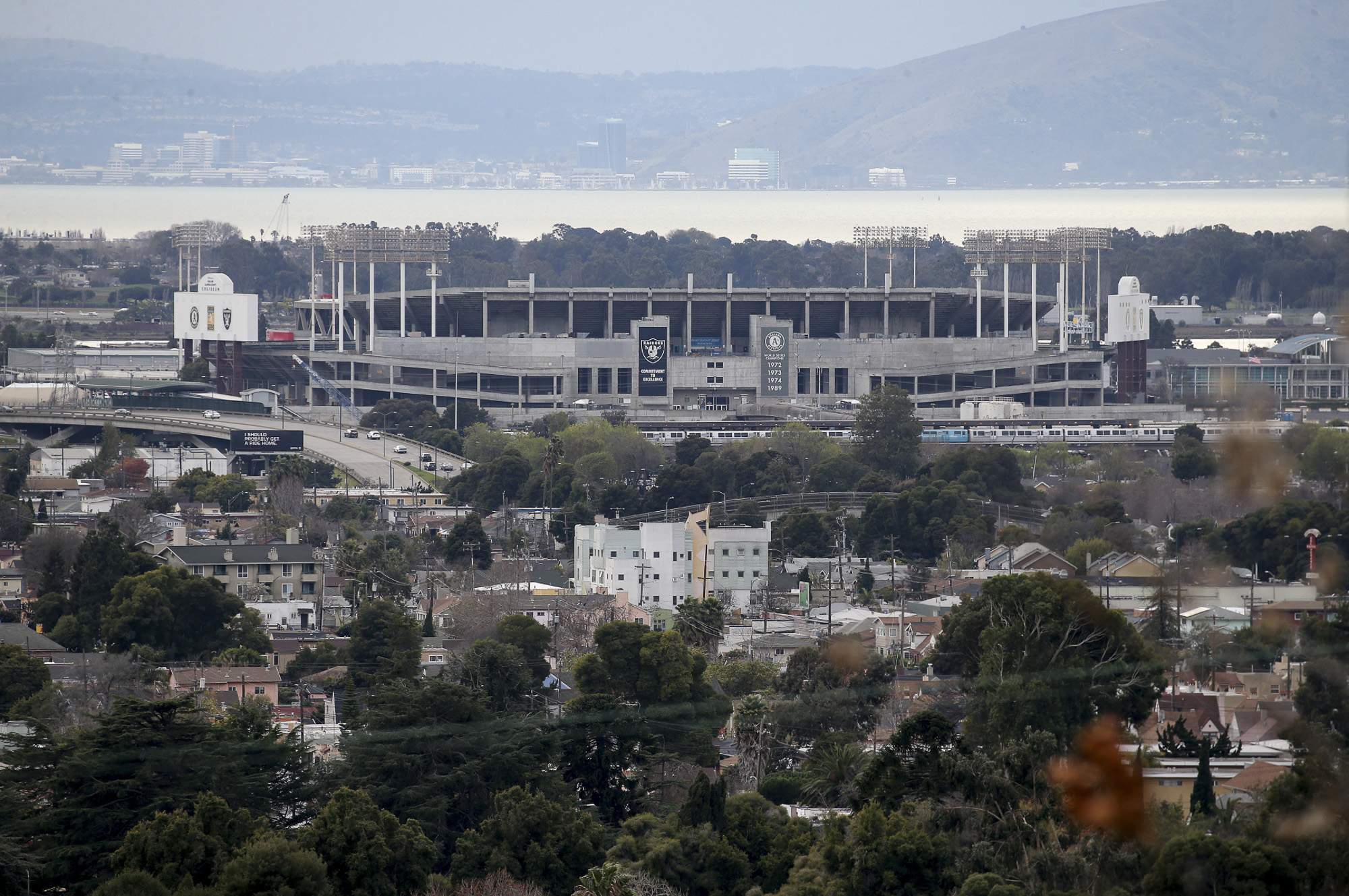 A view of the Coliseum is seen from the hills in East Oakland on Jan. 14, 2019. The Oakland Athletics have pitched a redevelopment plan for the Coliseum site. Photo by Jane Tyska, Bay Area News Group