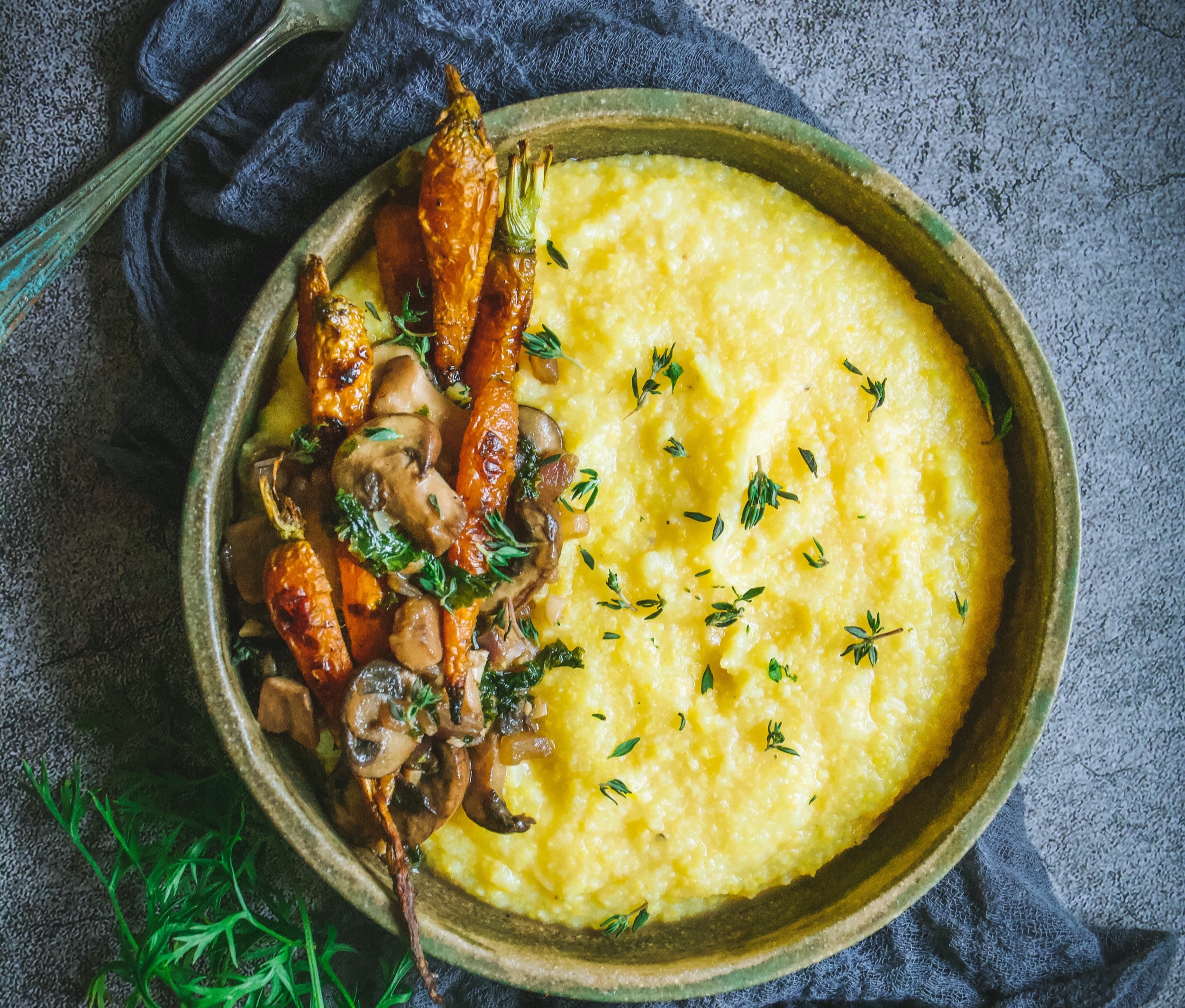 Polenta with Mushrooms, Kale and Roasted Carrots