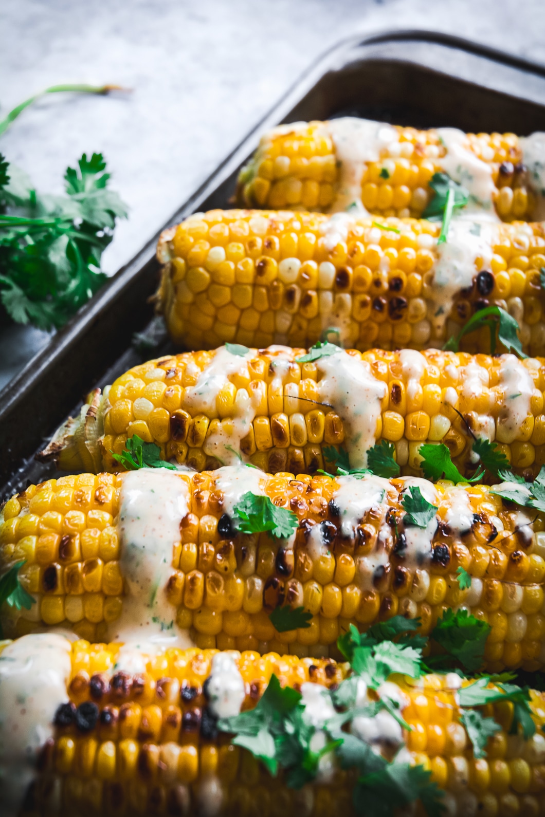 Grilled Corn with Spicy Habanero Honey Mayo up close on tray with cilantro