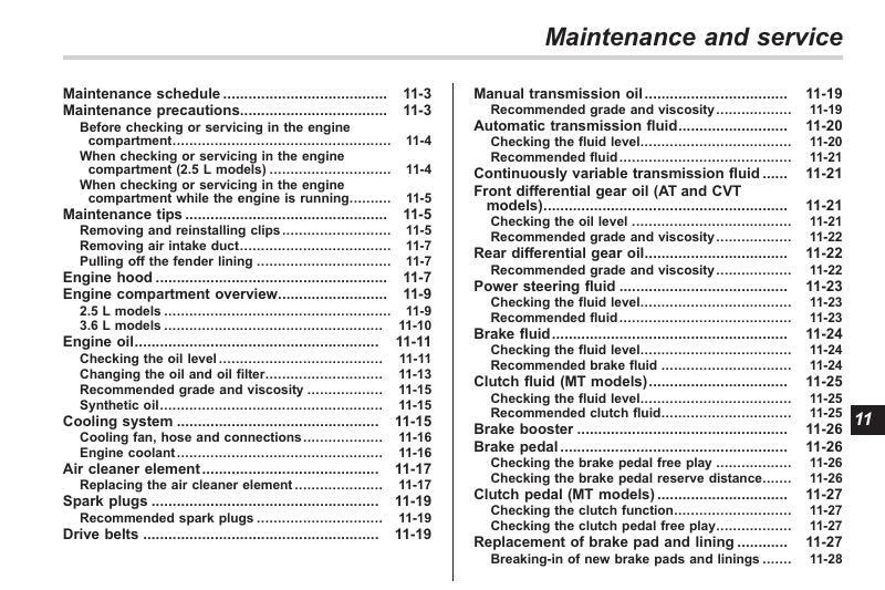 2014 Subaru Outback 11. Maintenance and service PDF Manual (56 Pages)
