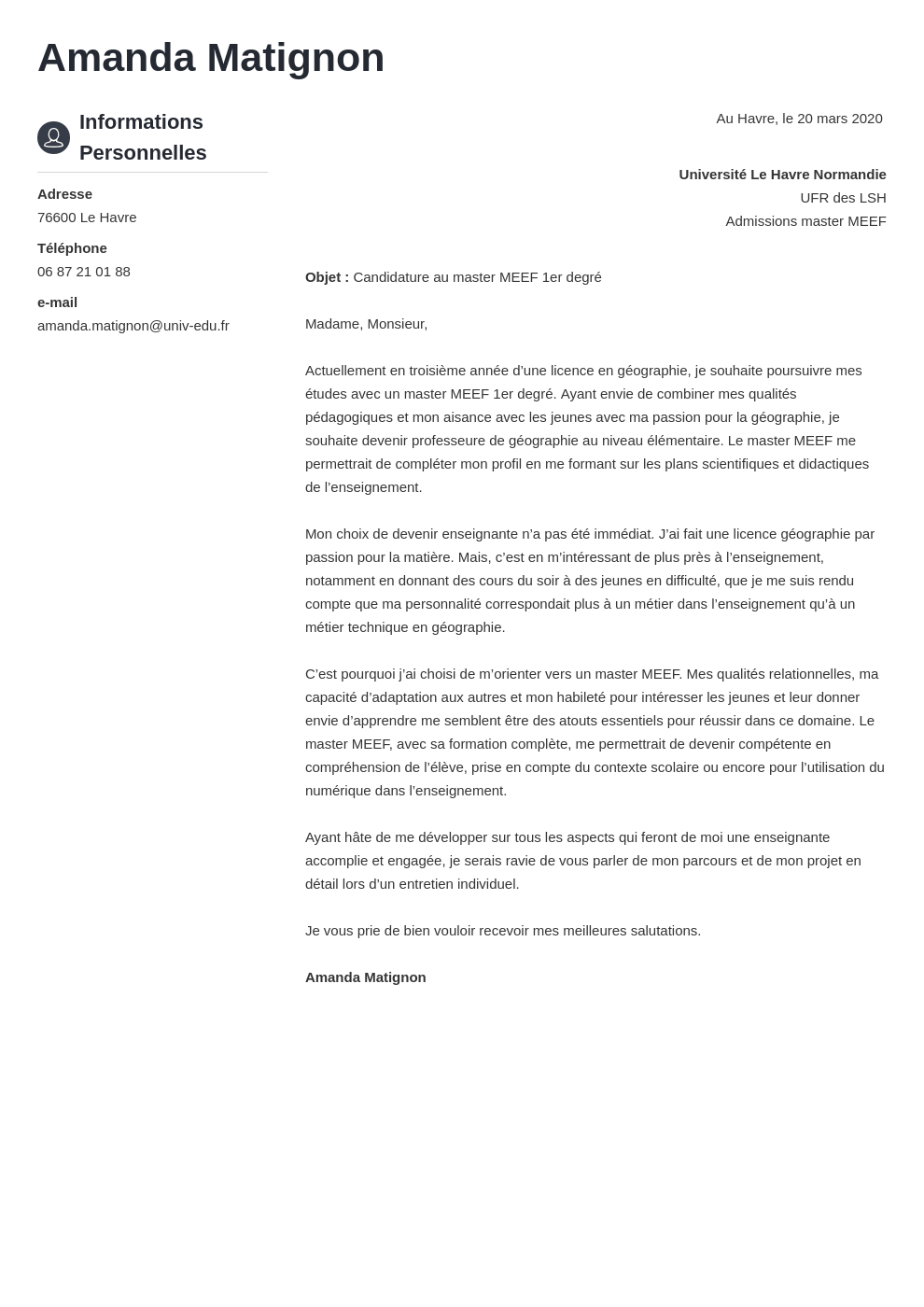 Exemple lettre de motivation master MEEF (master enseignement)