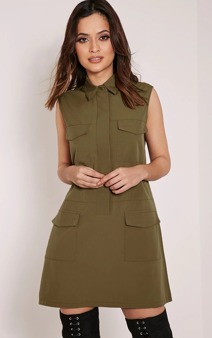 Petra Khaki Utility Shift Dress Dresses PrettyLittleThing