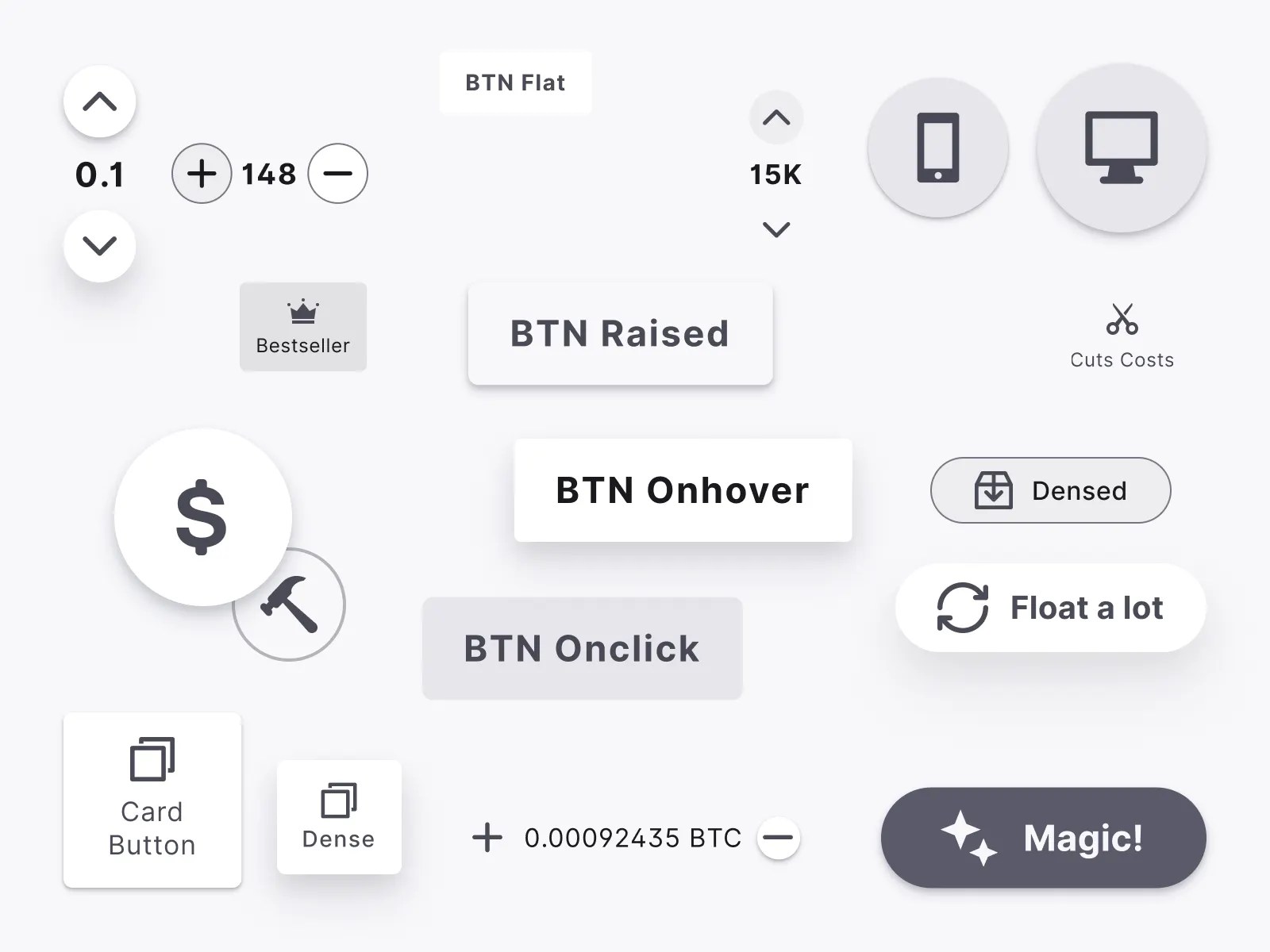 React Buttons UI design Material, Raised, Ghost, Shaded