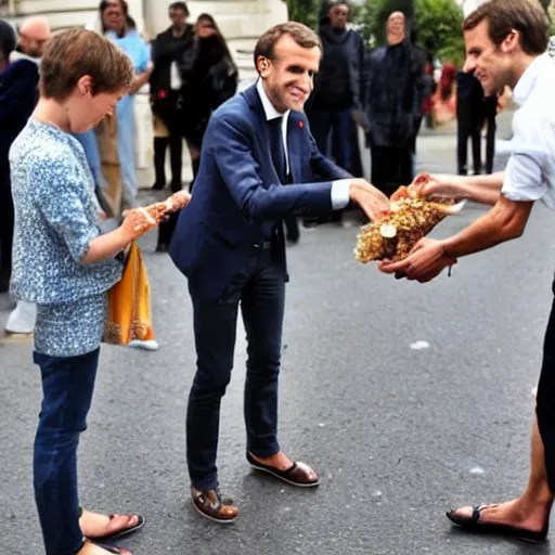 a barefoot emmanuel macron giving food to the poor Stable Diffusion
