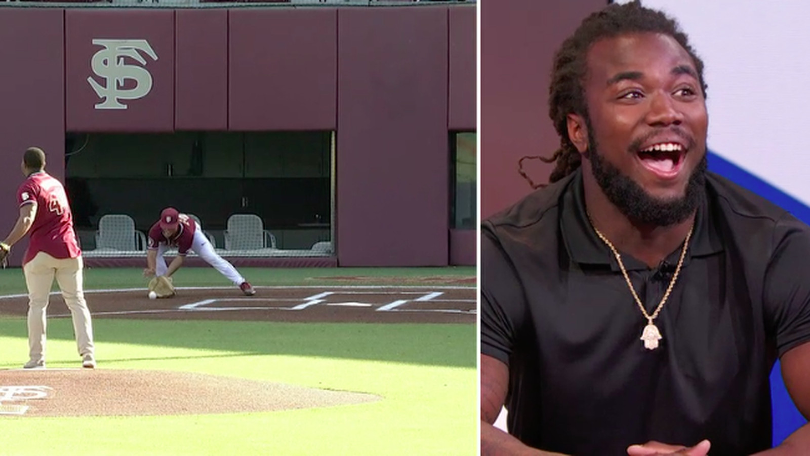 Dalvin Cook’s reaction to DeMarcus Walker’s wild first pitch was