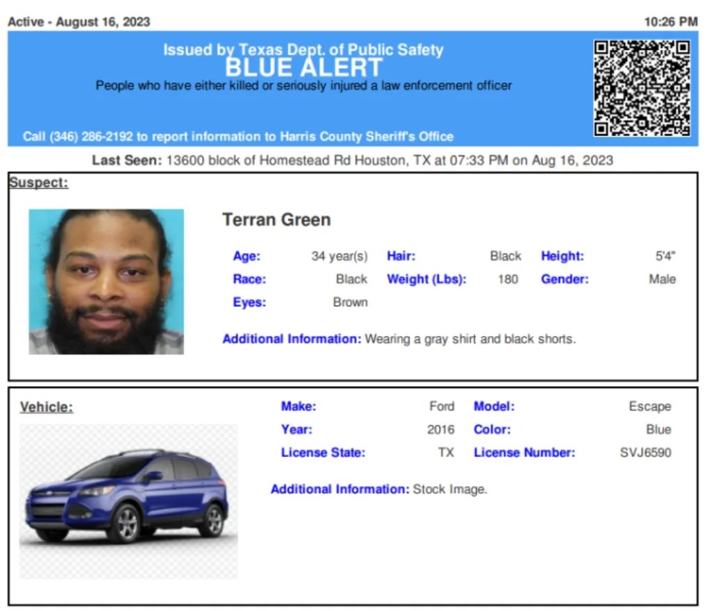 Terran Green Arrest Blue Alert Issued For Harris County Man