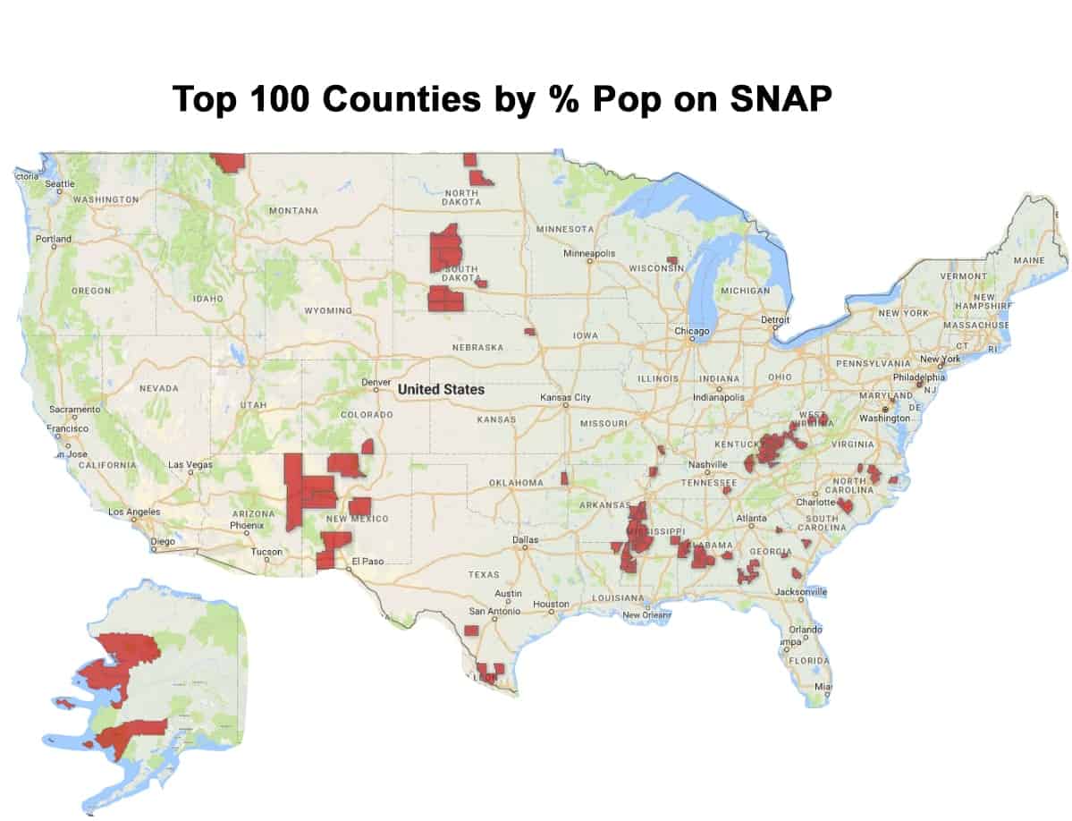 Top 100 Counties Snap Participants As Percent Of Population The Daily Yonder
