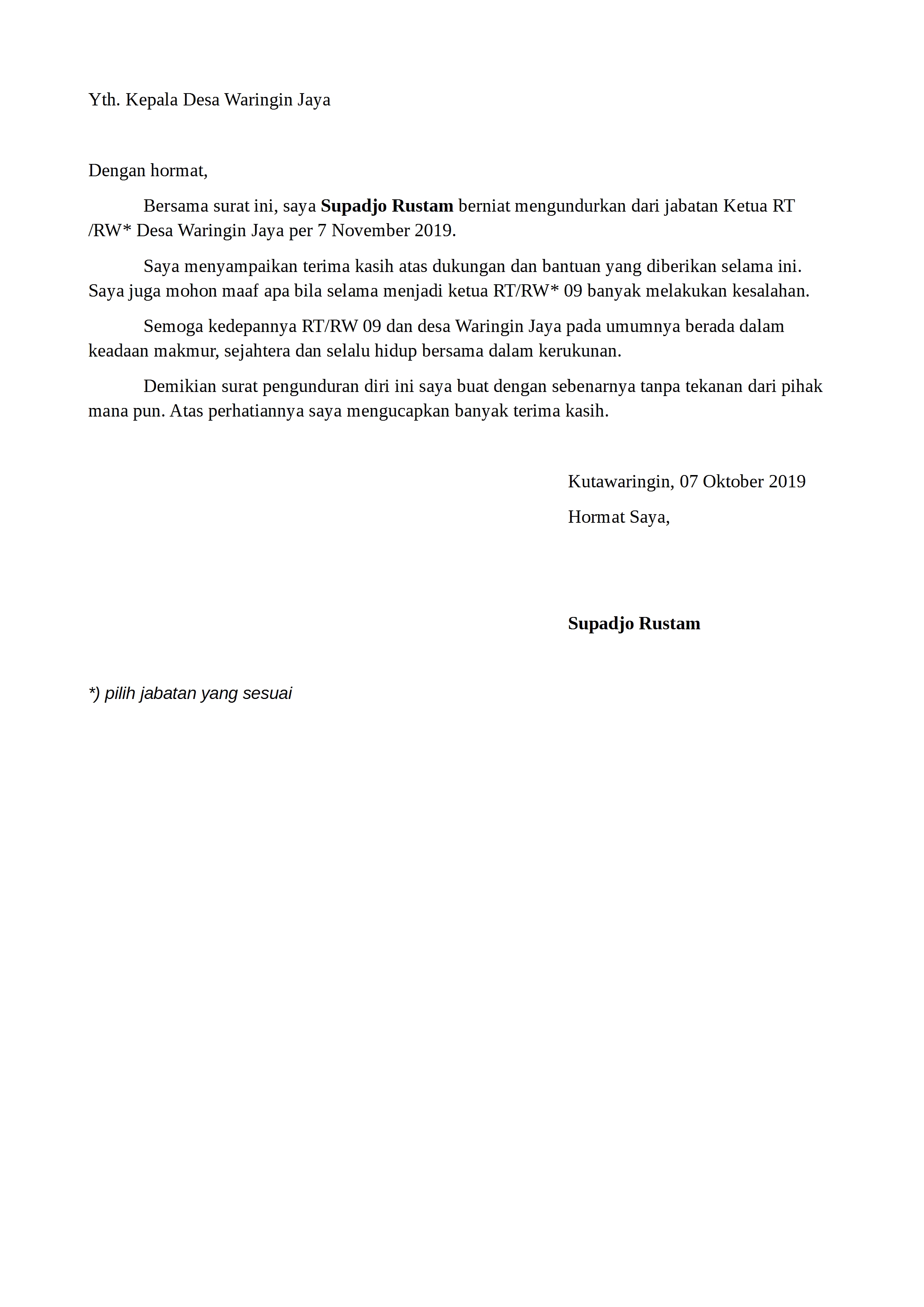 contoh surat pengunduran diri jabatan ketua