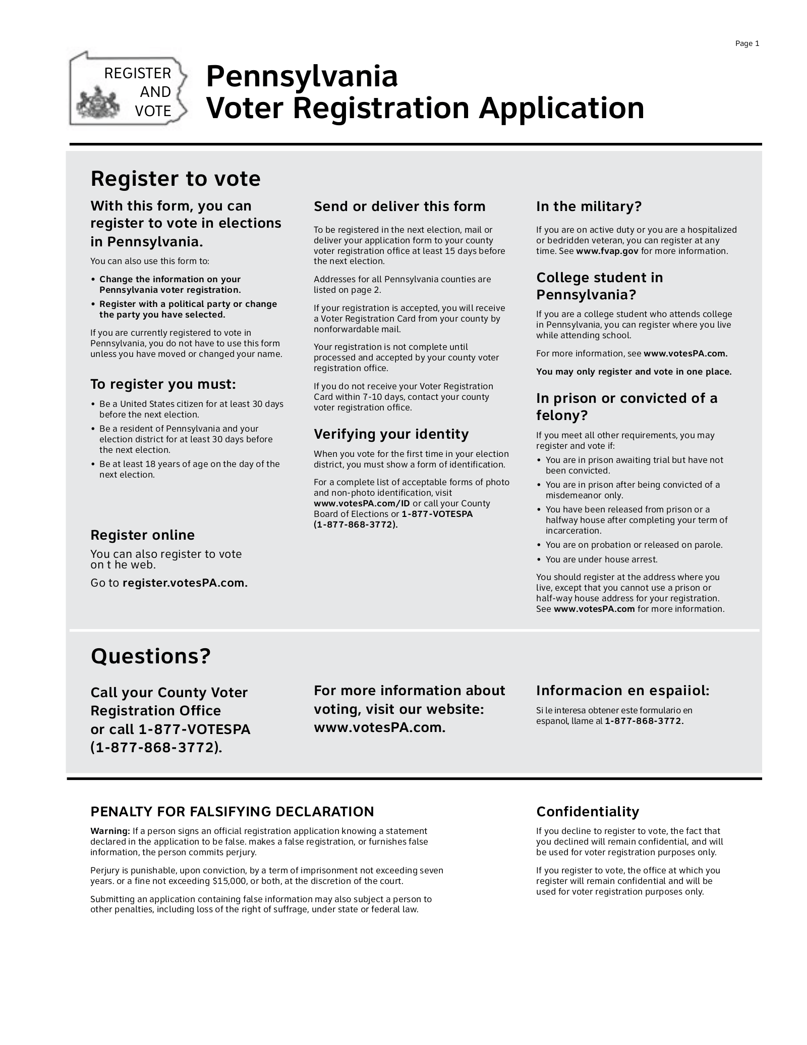 Free Pennsylvania Voter Registration Form Register To Vote In Pa Pdf Eforms