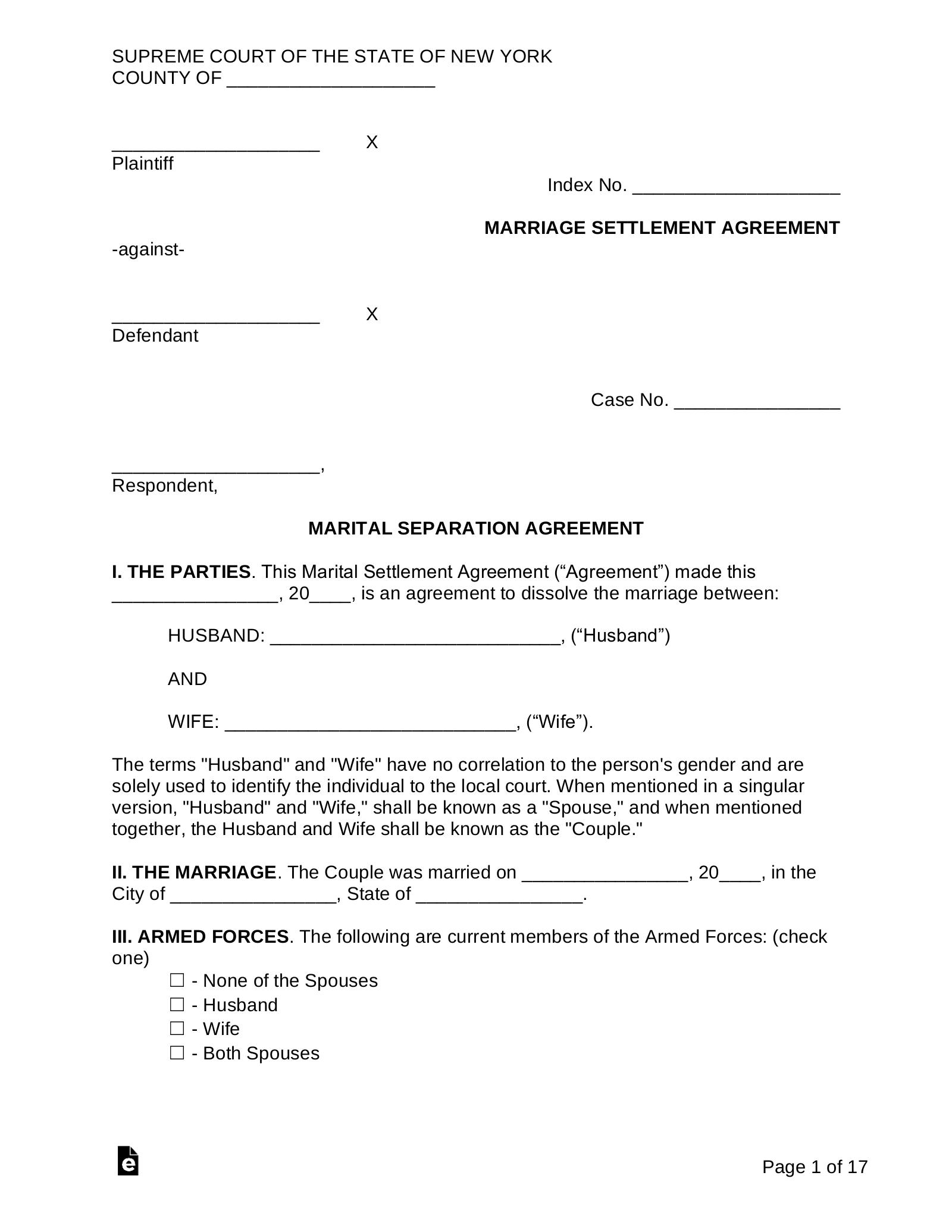 Free New York Marital Settlement Divorce Agreement Word Pdf Eforms