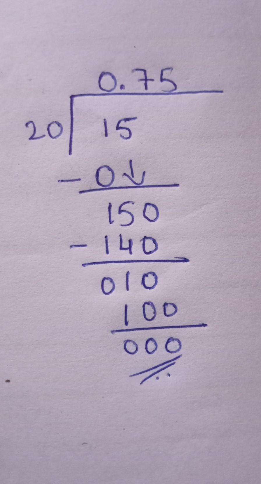 15 divided by 20 how to calculate by using long division method