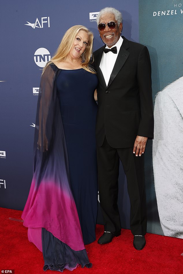 Freeman is seen with partner Lori McCreary at Denzel Washington