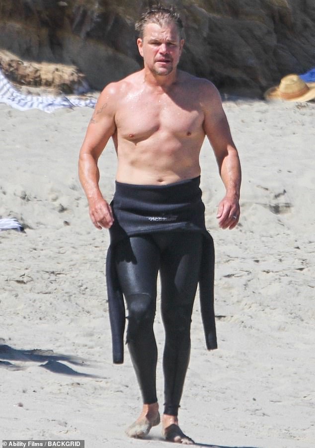 Matt Damon, 49, shows off his muscled physique as he goes shirtless in