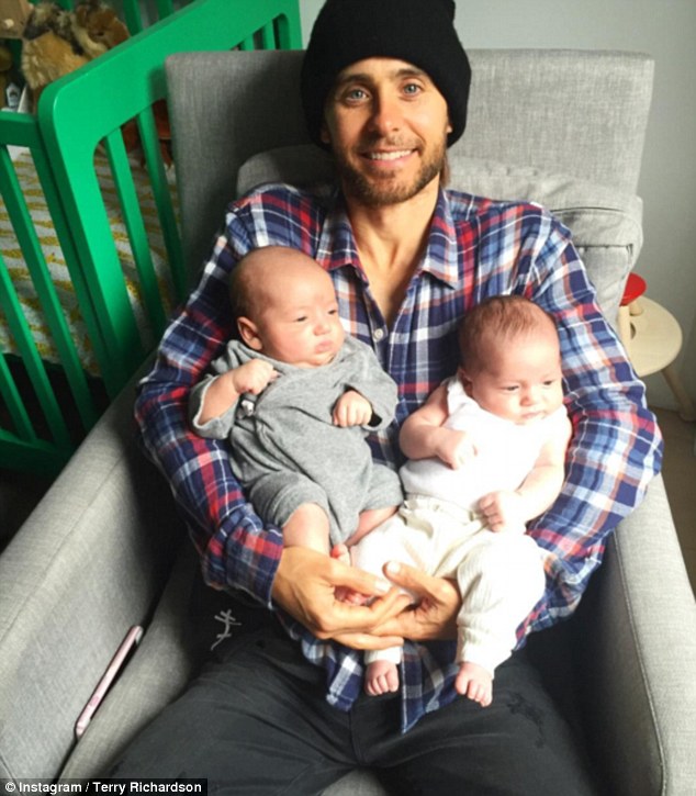 Jared Leto poses with photographer Terry Richardson's baby twins on