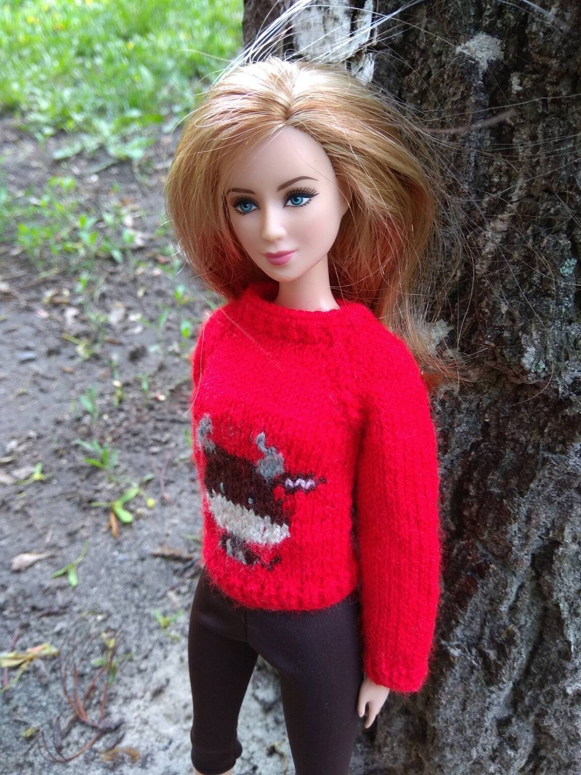 Barbie doll clothes. Handknitted red sweater with fancy cow Etsy