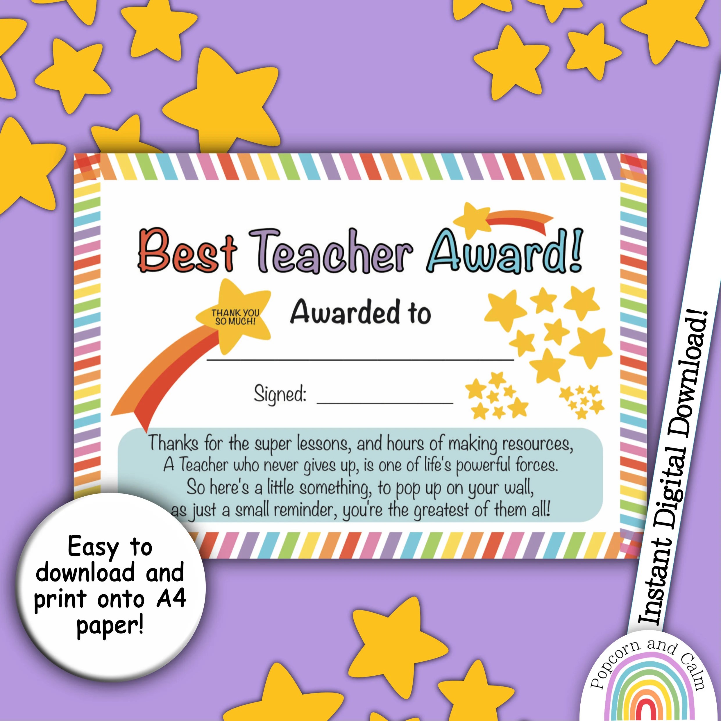 Best Teacher Award, Teacher Thank You Card, Thanks Teacher, Award Certificate, End of Year Gift