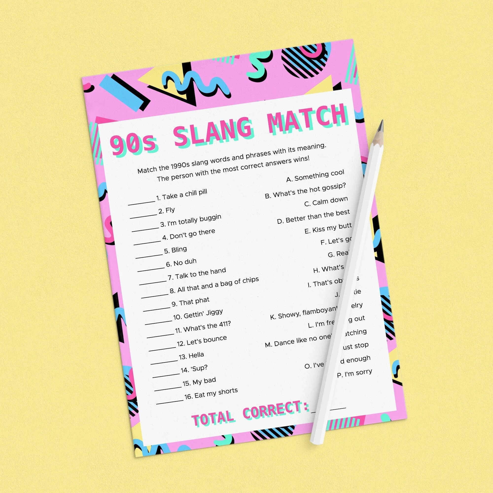 90s Slang Match Game Printable 1990s Theme Party Ideas Match the Slang