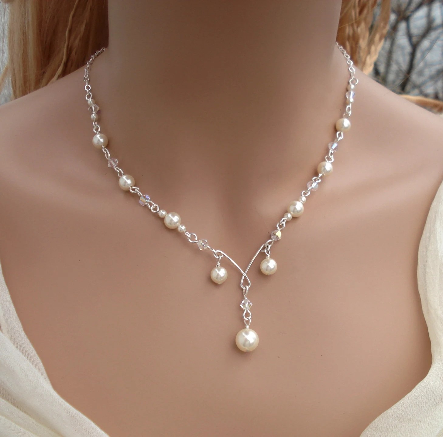 Sterling silver Bridal Pearl And Crystal Necklace,Bridesmaid Necklace