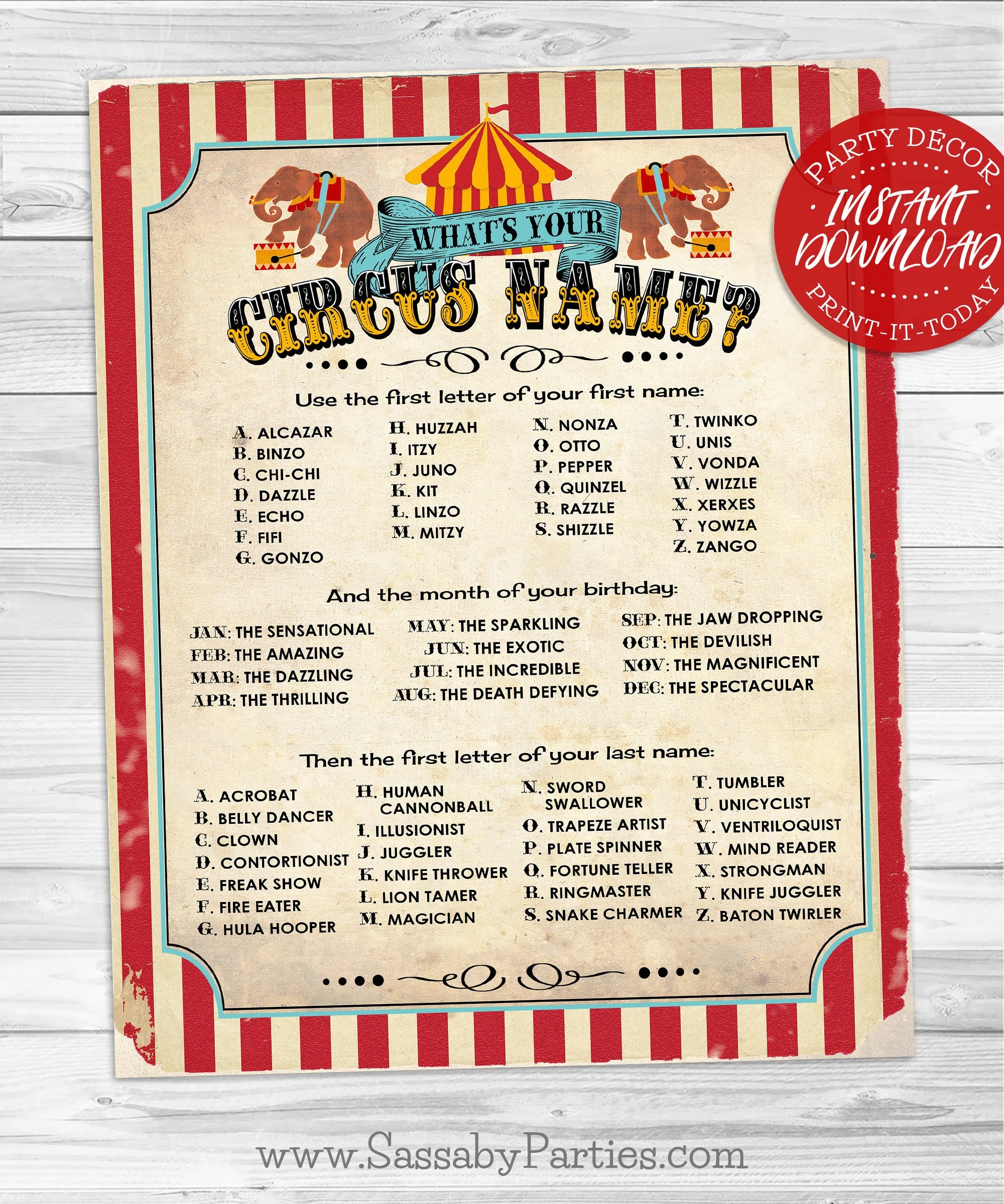 Circus Name Poster INSTANT DOWNLOAD 'what's Your Etsy