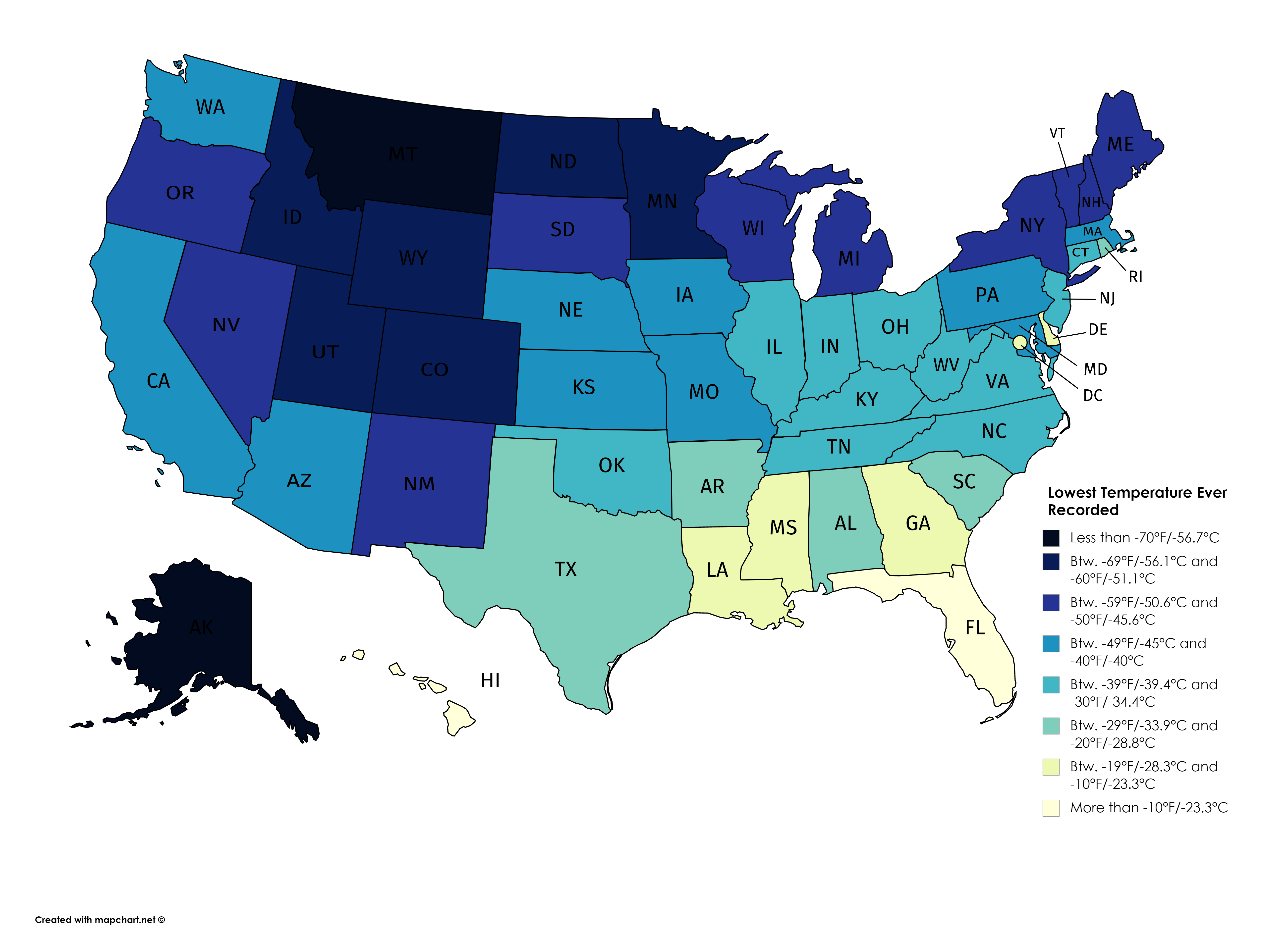 [OC] Coldest Temperature ever Recorded in US States r/dataisbeautiful