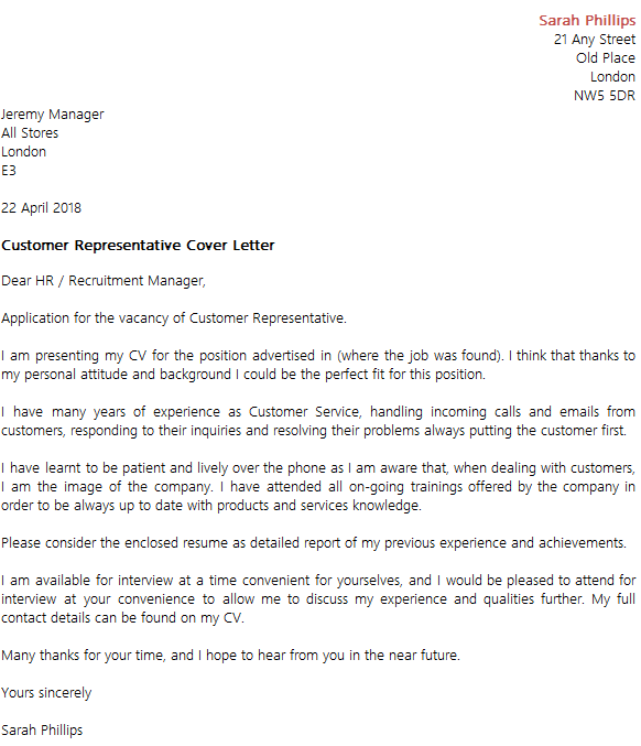 Customer Representative Cover Letter Example