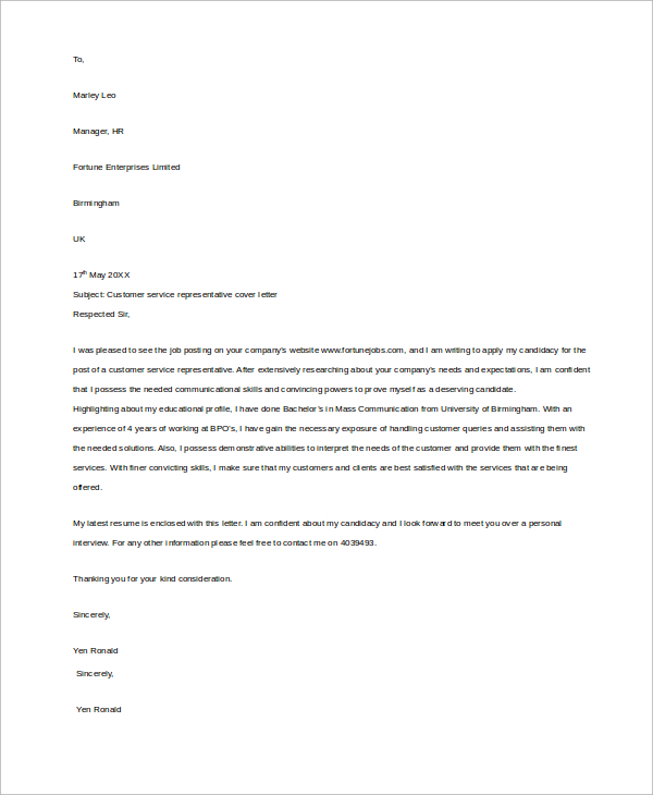 FREE 7+ Sample Customer Service Cover Letter Templates in