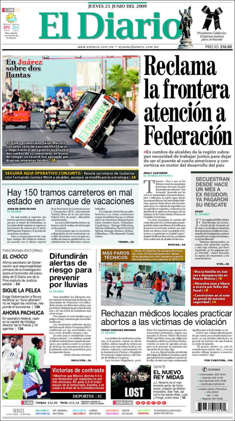 Newspaper El Diario Juarez (Mexico). Newspapers in Mexico. Thursday's