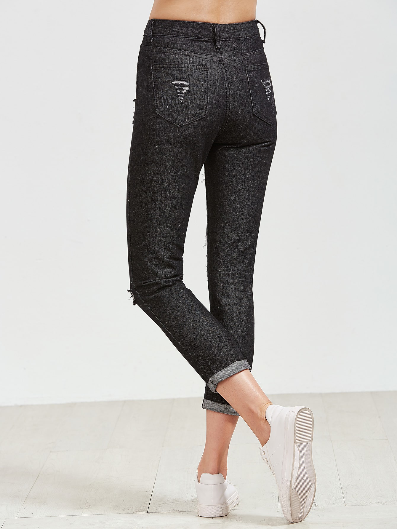 Black Skinny Ripped Cuffed Jeans