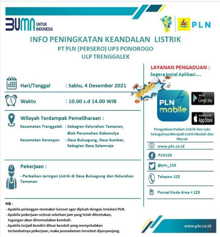 Informasi Pemadaman Listrik di Trenggalek, Sabtu 4 Desember 2021 1 Info pemadaman listrik Trenggalek