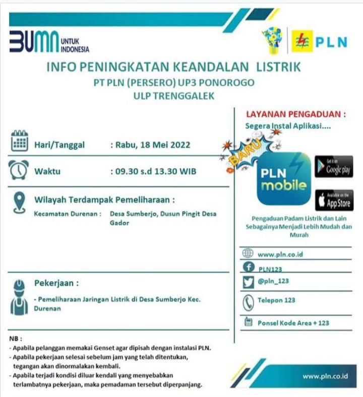 Informasi Pemadaman Listrik Trenggalek, Rabu 18 Mei 2022 1 Informasi pemadaman listrik Trenggalek