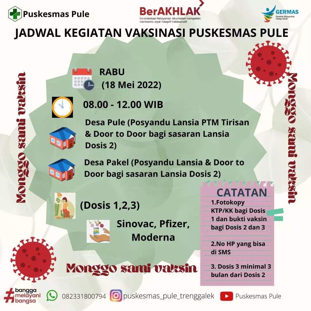 Jadwal Vaksin Covid-19 Trenggalek, Rabu 18 Mei 2022 2 Jadwal vaksin Covid-19 di Kecamatan Pule