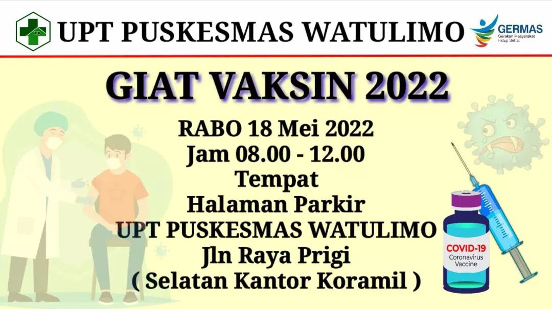 Jadwal Vaksin Covid-19 Trenggalek, Rabu 18 Mei 2022 3 Jadwal vaksin Covid-19 di Kecamatan Watulimo