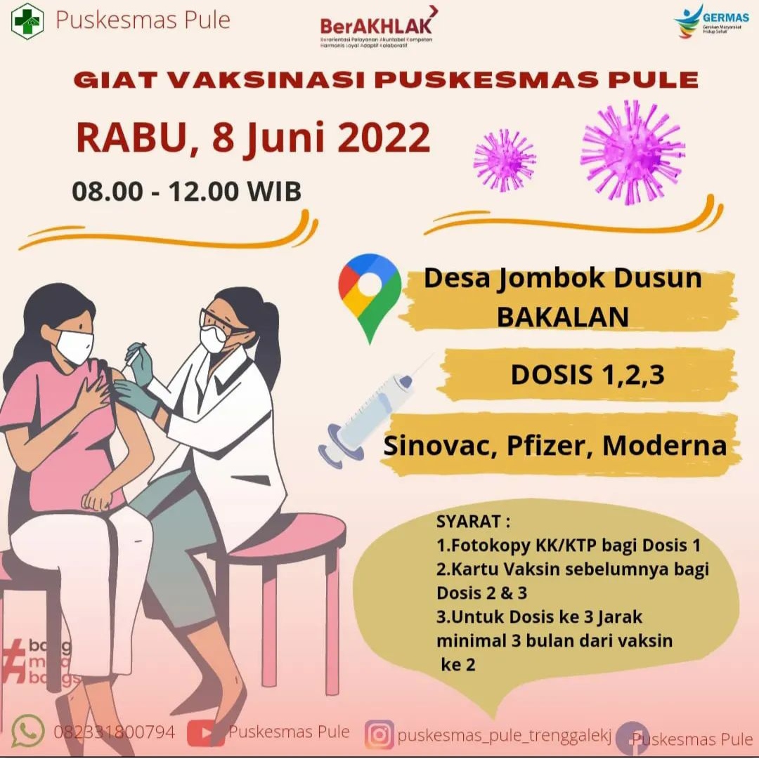Info Vaksin Covid-19 Trenggalek, Rabu 08 Juni 2022 3 Jadwal vaksin Covid-19 di Kecamatan Pule