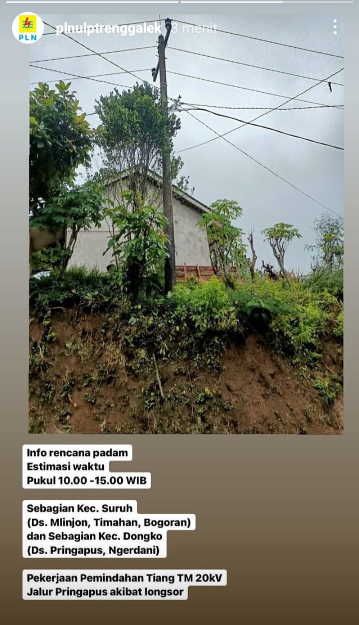 Terdampak Longsor Tiang Listrik di Dongko Terpaksa Pindah, 5 Desa Padam 1 Info pemadaman listrik Trenggalek