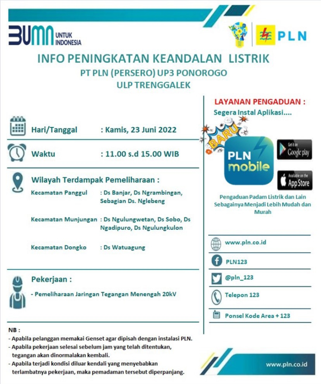 Informasi Pemadaman Listrik Trenggalek, Kamis 23 Juni 2022 1 Informasi pemadaman listrik Trenggalek, Kamis 23 Juni 2022