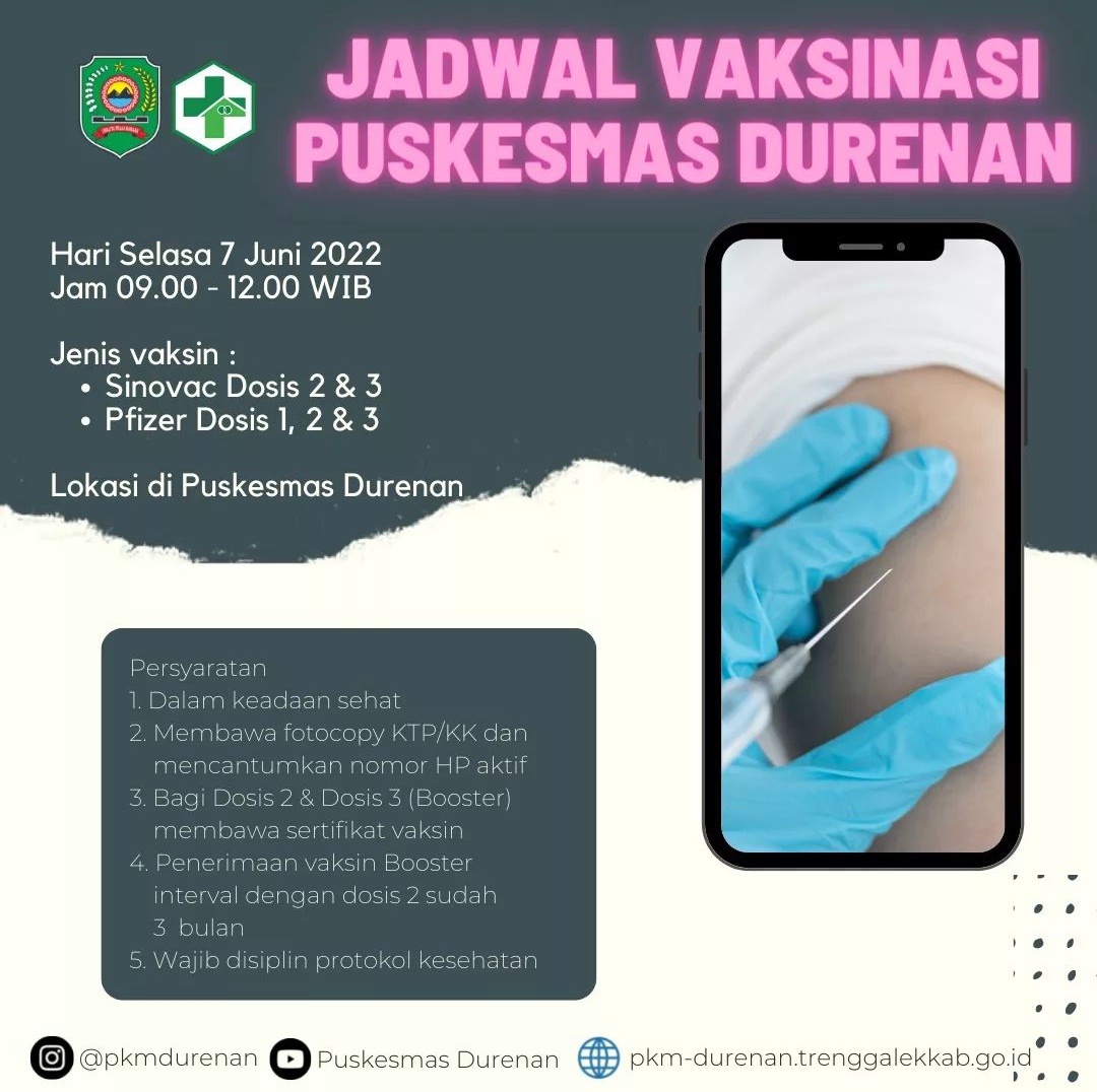Info Vaksin Covid-19 Trenggalek, Selasa 07 Juni 2022 1 Jadwal vaksin Covid-19 di Kecamatan Durenan