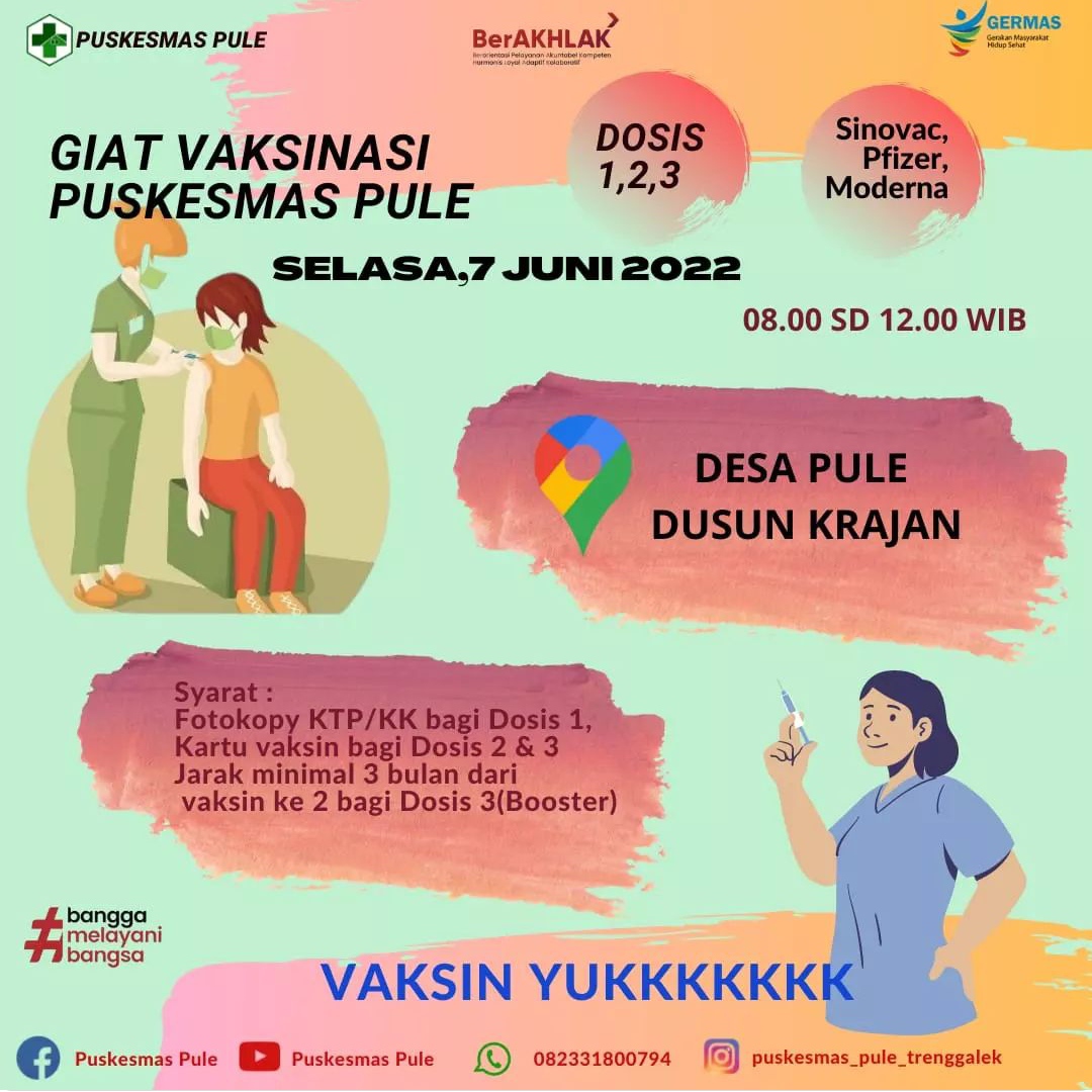 Info Vaksin Covid-19 Trenggalek, Selasa 07 Juni 2022 3 Jadwal vaksin Covid-19 di Kecamatan Pule