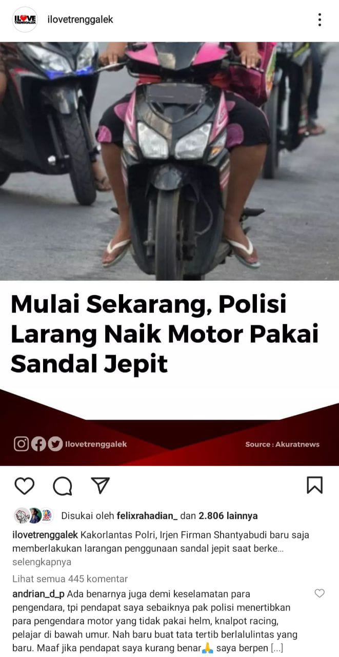 Ramai Kabar Larangan Pakai Sandal saat Berkendara, Polri: Hanya Imbauan Bukan Larangan 1 SALAH: Unggahan @ilovetrenggalek tentang larangan pakai sandal saat berkendara motor
