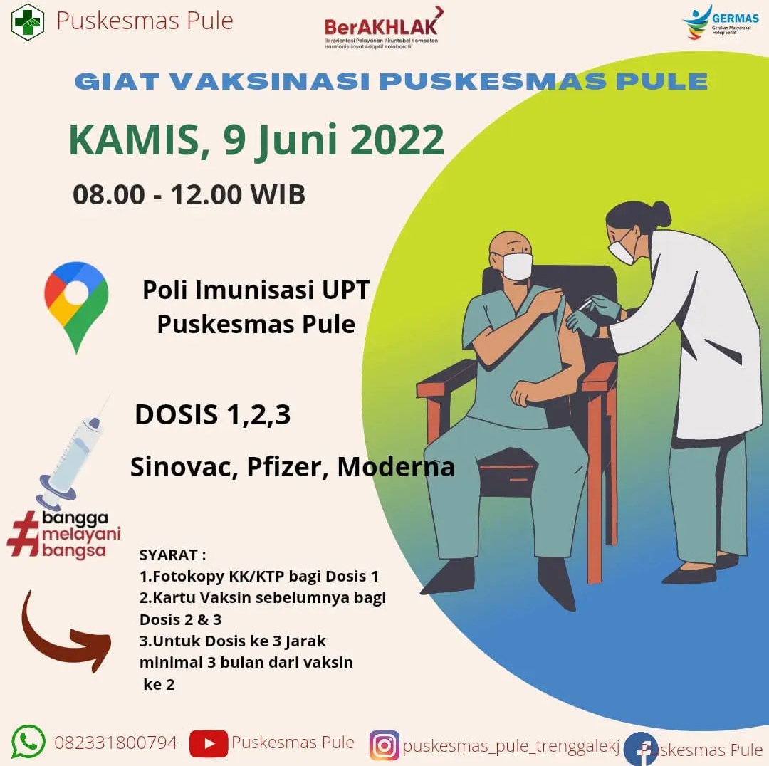 Info Vaksin Covid-19 Trenggalek, Kamis 09 Juni 2022 7 Jadwal vaksin Covid-19 di Kecamatan Pule