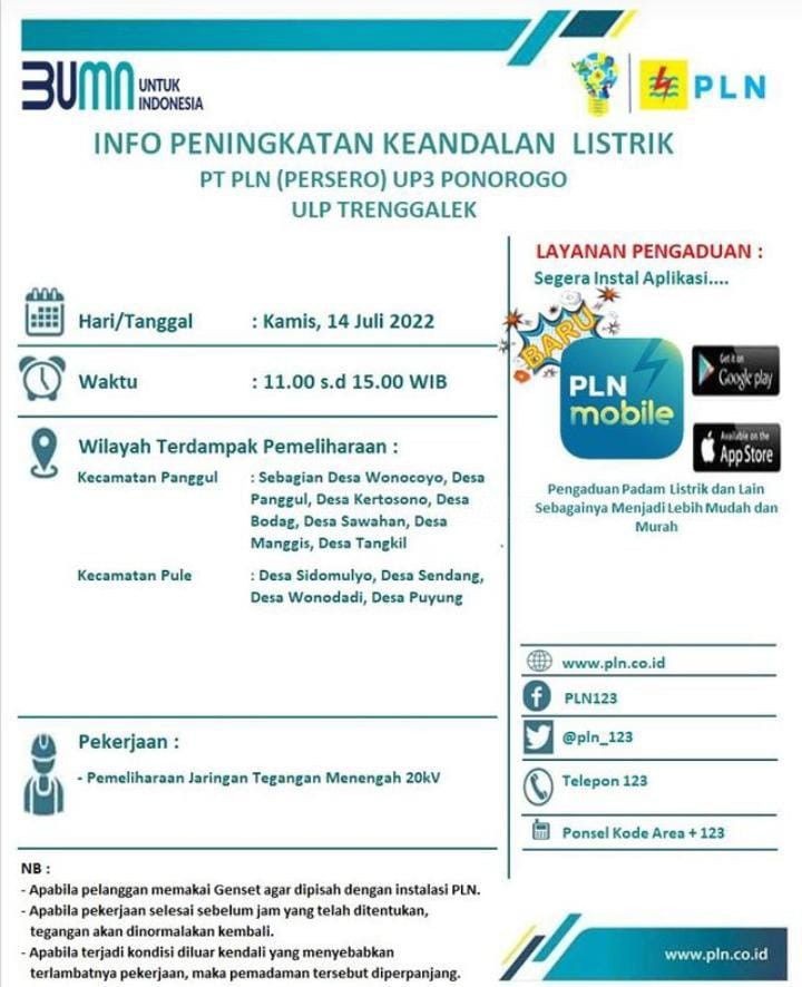 Informasi Pemadaman Listrik Trenggalek Selama 4 Jam, Resmi 1 Info pemadaman listrik Trenggalek 14 Juli 2022