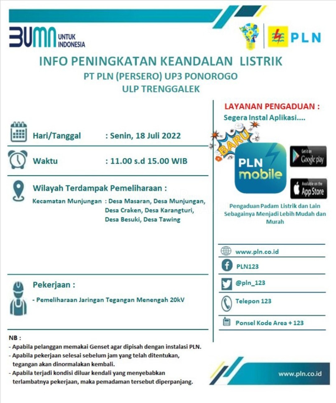 Informasi Pemadaman Listrik Trenggalek, Resmi 1 Info pemadaman listrik Trenggalek 18 Juli 2022