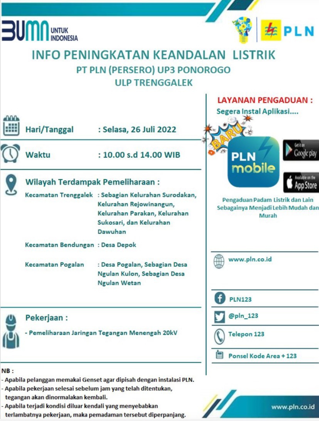 Jadwal Pemadaman Listrik Besok di Trenggalek, Tiga Kecamatan Mati Lampu 1 Infomasi pemadaman listrik Trenggalek, 26 Juli 2022
