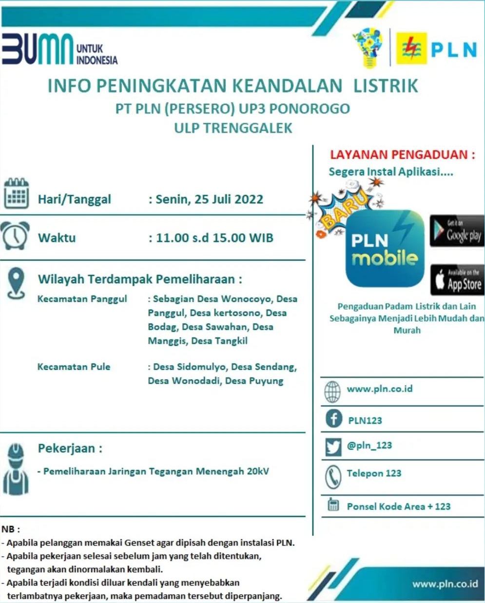 Informasi Pemadaman Listrik Trenggalek, Senin 25 Juli 2022 1 Informasi Pemadaman Listrik Trenggalek, Senin 25 Juli 2022