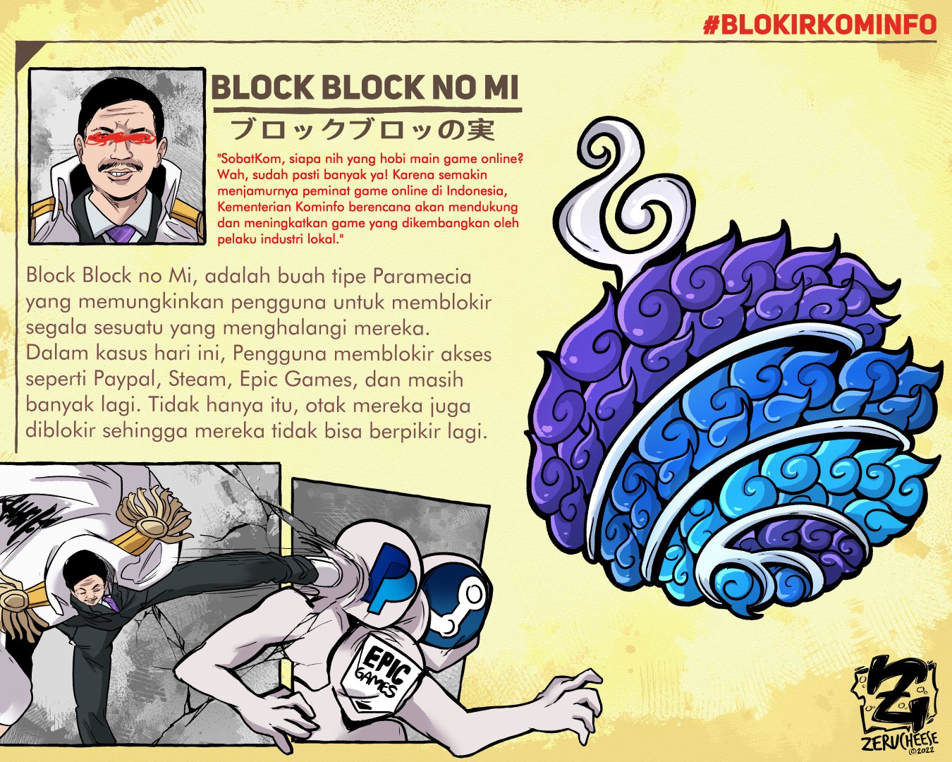 Netizen Ciptakan Buah Setan ala Anime One Piece untuk Sindir Menteri Kominfo 1 Deskripsi ilustrasi Blokir Kominfo versi anime One Piece