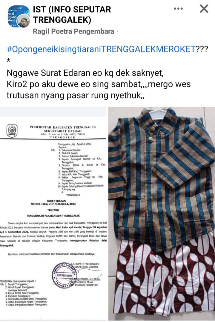 Warga Trenggalek Keluhkan Edaran Pakai Baju Adat di Medsos, Pj Sekda: Bagi yang Punya Saja 1 Unggahan Ragil Poetra Pengembara di grup IST tentang keluhan pakai baju adat di Hari Jadi Trenggalek